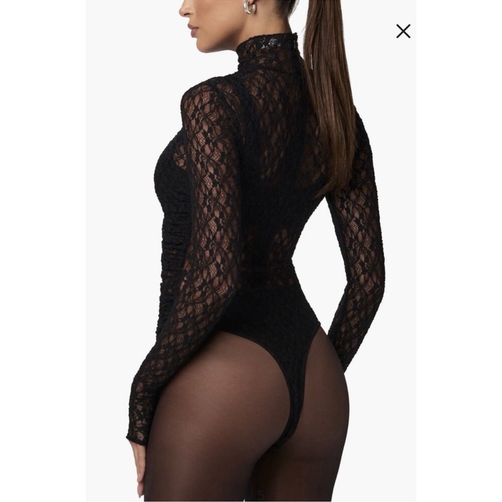 NWT Naked Wardrobe Black Lace Sheer Long Sleeve Bodysuit Large Ruched Mock Neck - Picture 11 of 11